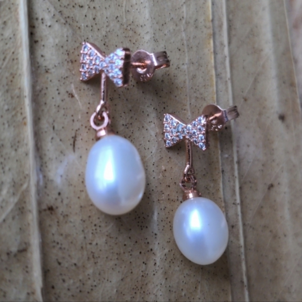 925 sterling silver dangle earrings with natural pearls, 14K rose gold plated